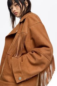 Cazadora cruzada ante con flecos tabaco