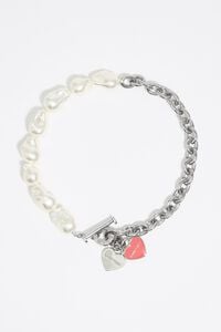 Collar logo coraz&oacute;n cadena y perlas plateado