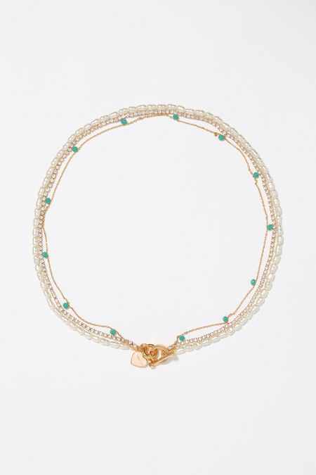 Collar doble logo corazón cadena y perlas dorado