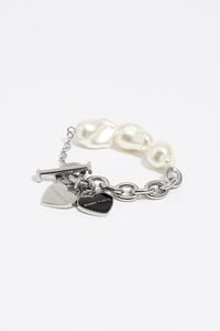 Pulsera logo coraz&oacute;n cadena y perlas plateada