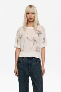 Jersey lino abertura espalda Ribbon Roses blanco