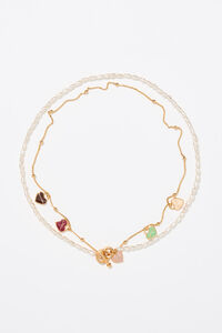 Collar doble dorado logo coraz&oacute;n cadena y perlas
