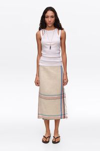 Falda pareo midi recta lino rayas crudo