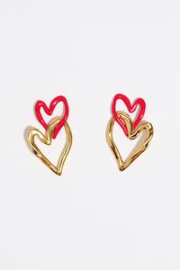 Pendientes dobles coraz&oacute;n textura dorado y rojo