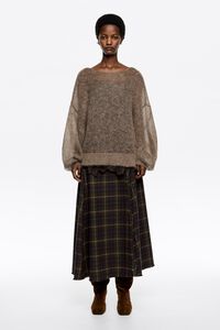 Falda l&iacute;nea A lana cuadros caqui oscuro