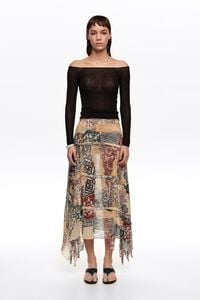 Falda fluida irregular desflecada Lace marfil