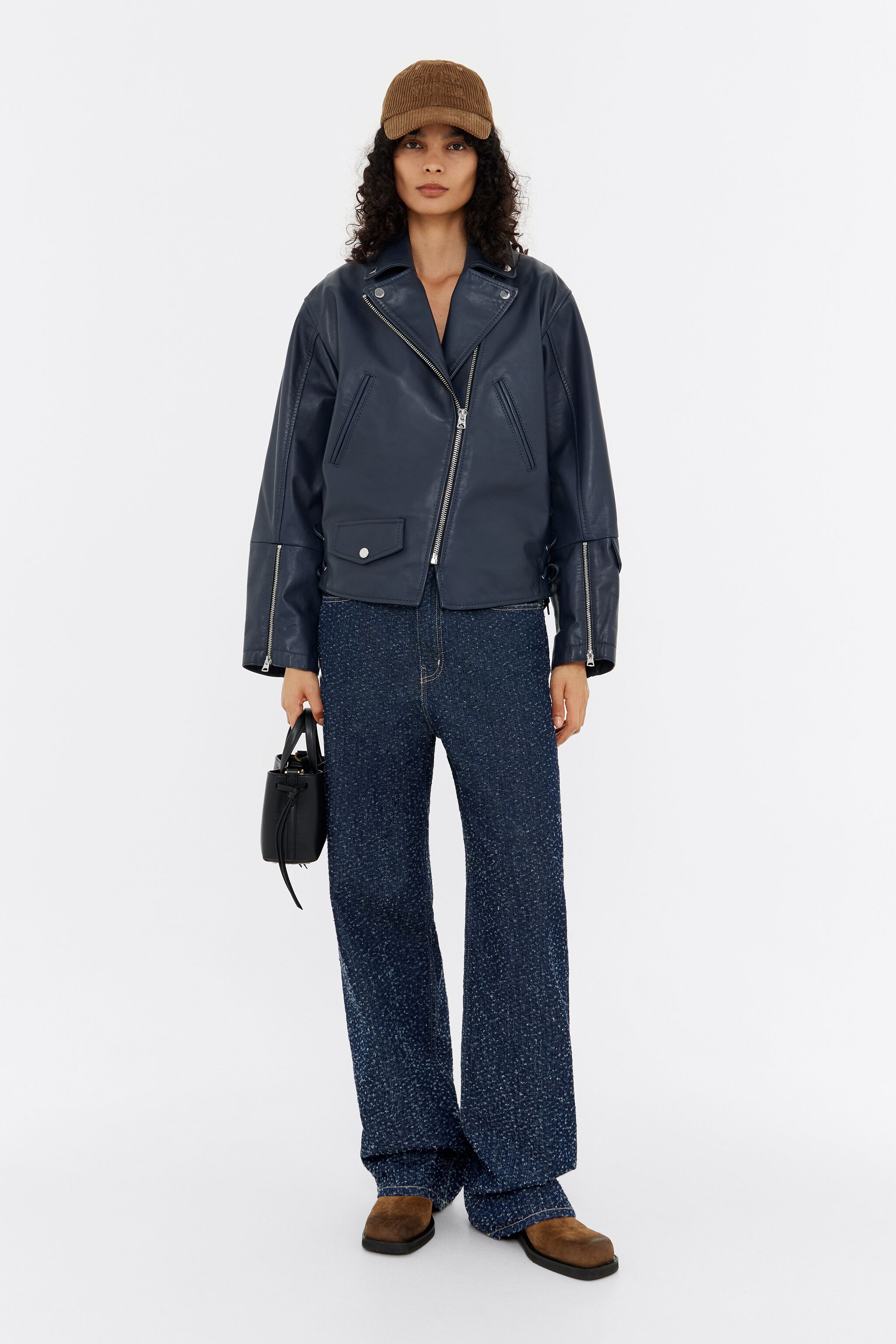 Cazadora biker piel azul oscuro