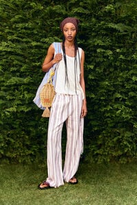 Pantalón jogger lino desflecado rayas marfil