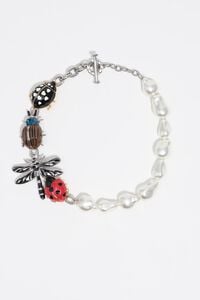 Collar cadena y perlas con escarabajo y lib&eacute;lula plateado