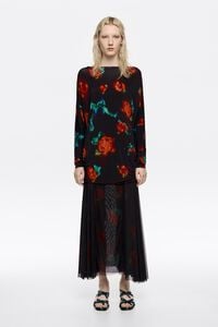 Vestido fruncido falda tul Ribbon Roses negro
